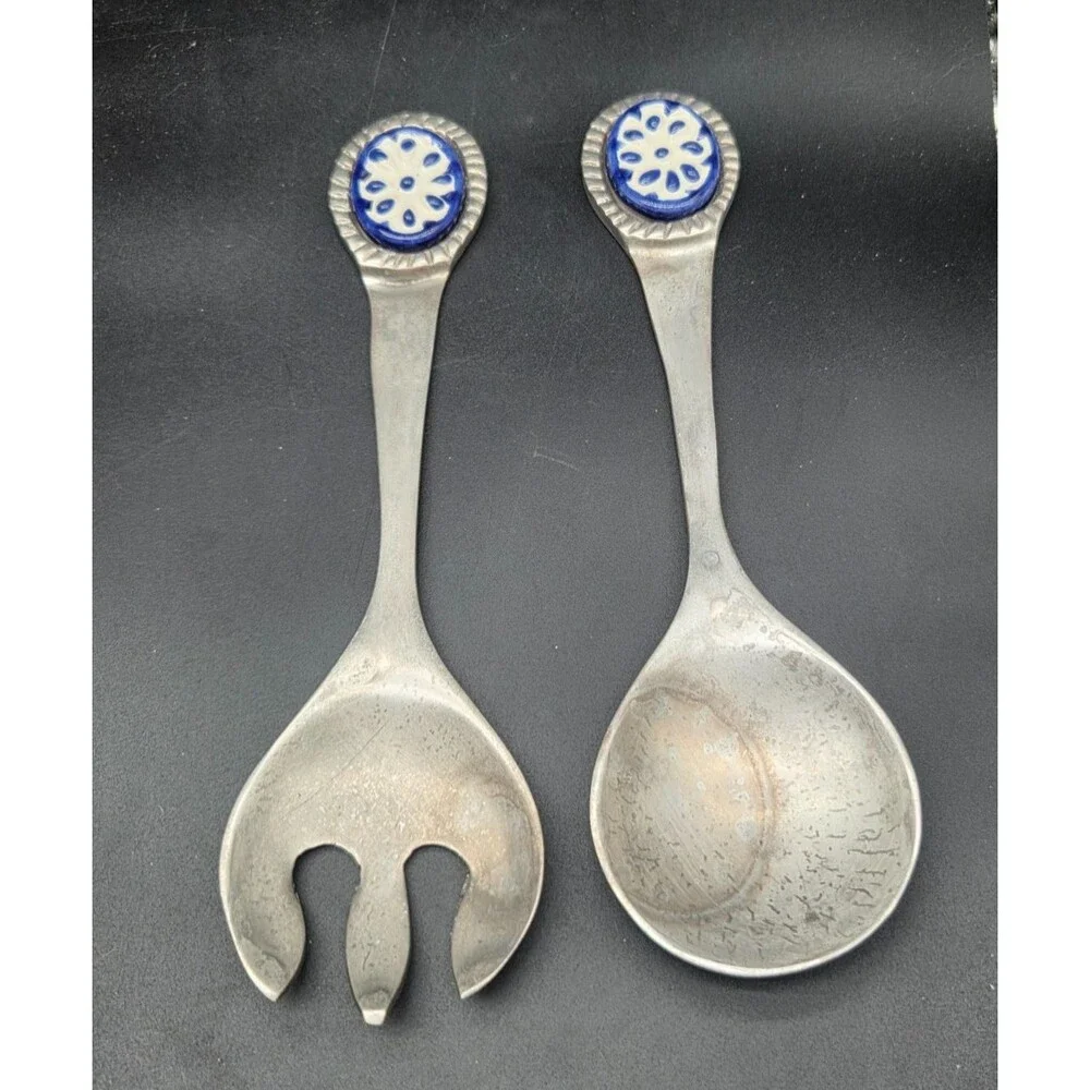 Albuhi Cast Aluminum Ceramic Salad Tossing Serving Set Fork Spoon Made in Mexico